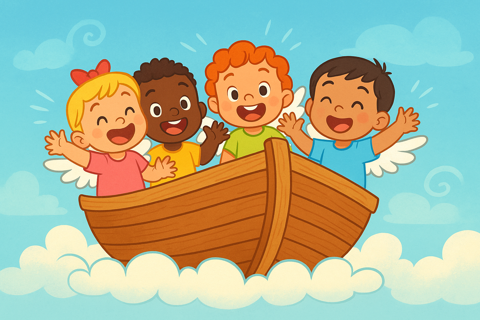 Happy toddlers with angel wings in ark waving to come aboard